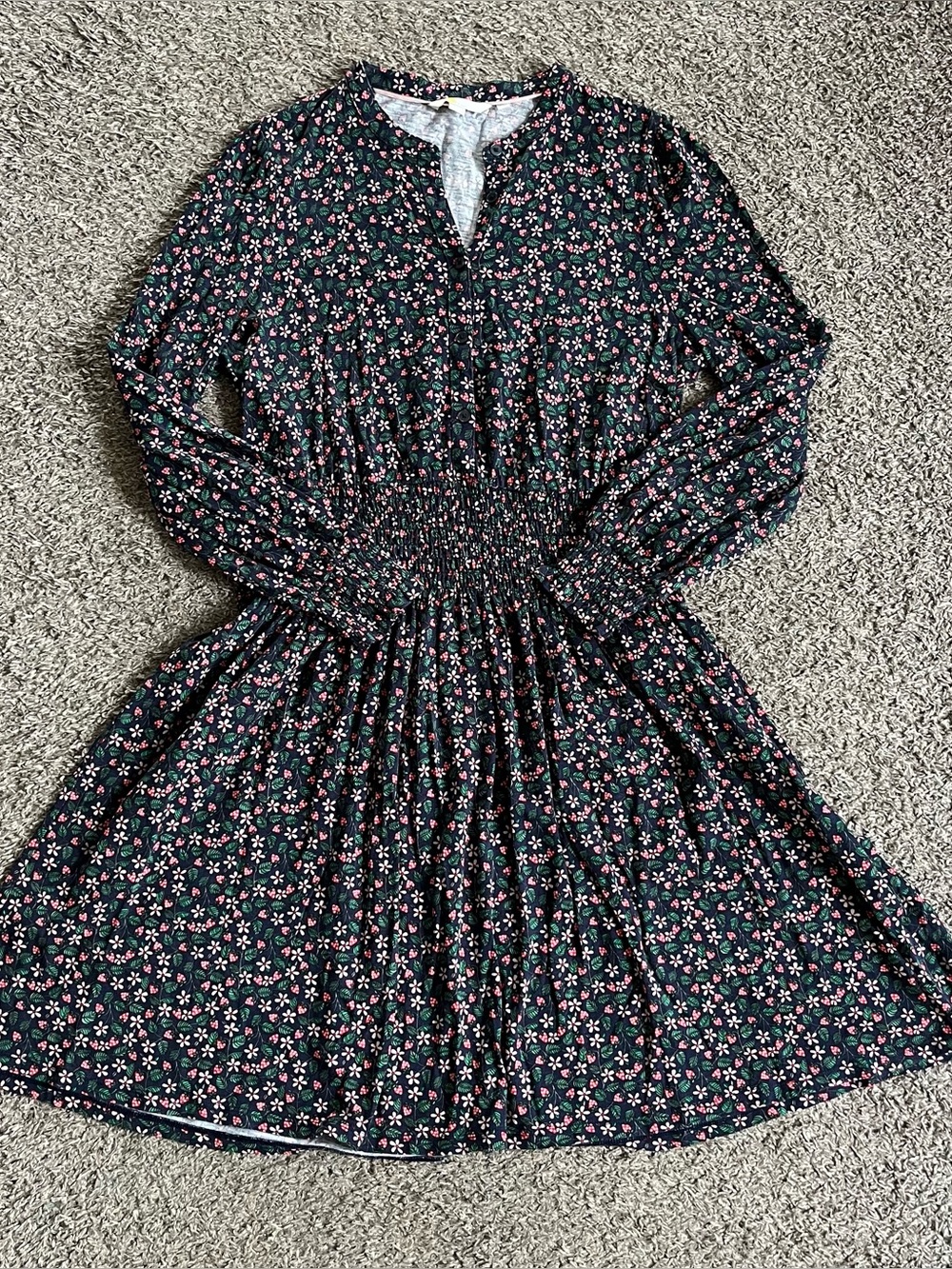 Boden Smocked Jersey Knit Navy Floral Strawberry Print Long Sleeve Dress 12
